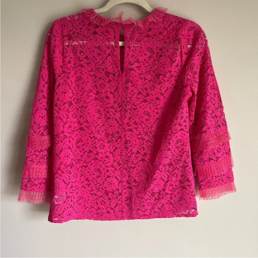 J. Crew Lace Top with Tulle Ruffle Keyhole Button Closure Pink Size XS